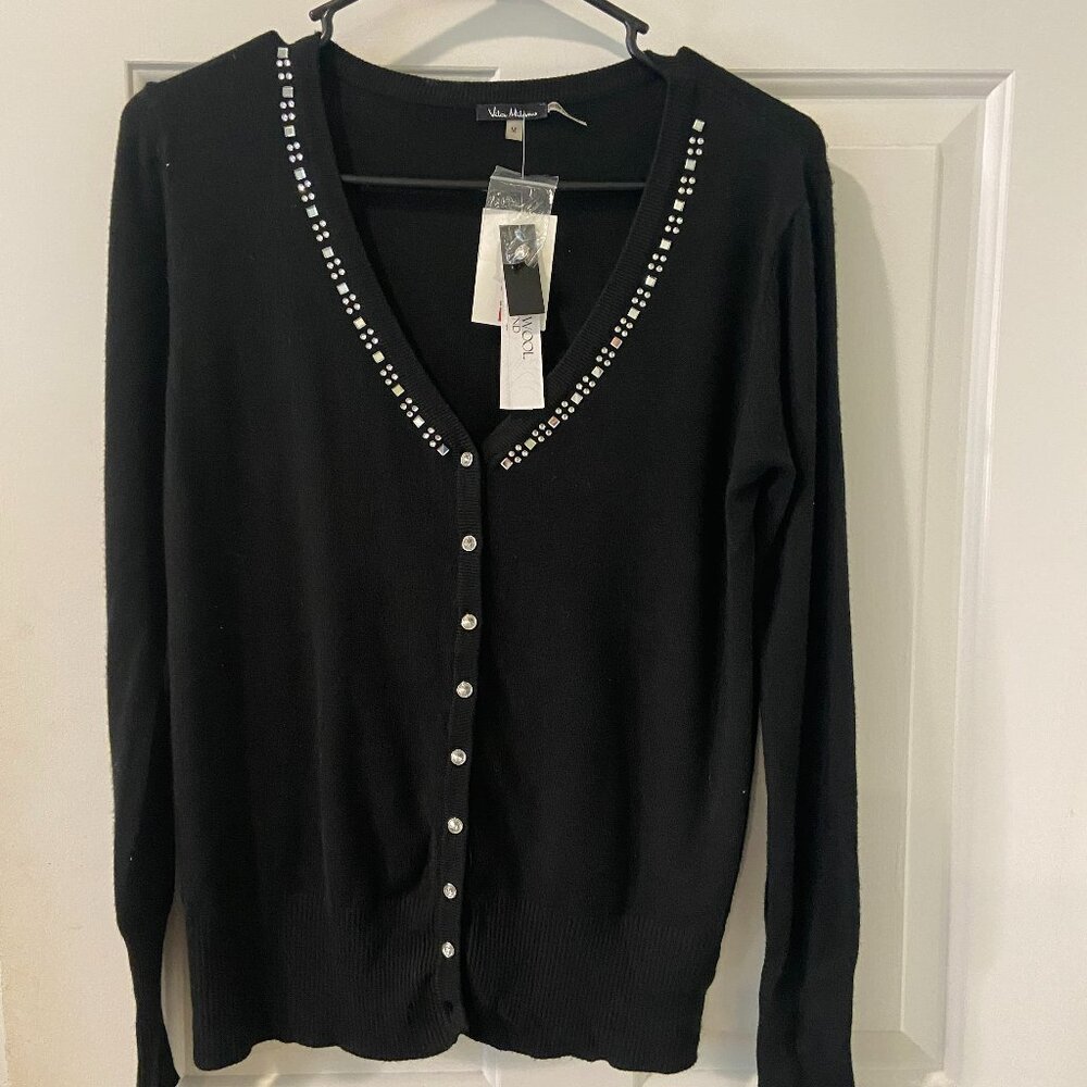 Vila Milano Rhinestone Neckline Wool Blend Cardigan for holidays black sz medium